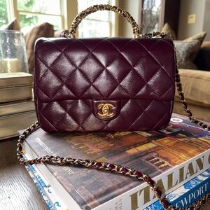 Chanel Burgundy Aged Calfskin Chain Top Handle Flap Handbag Microchip - Medium